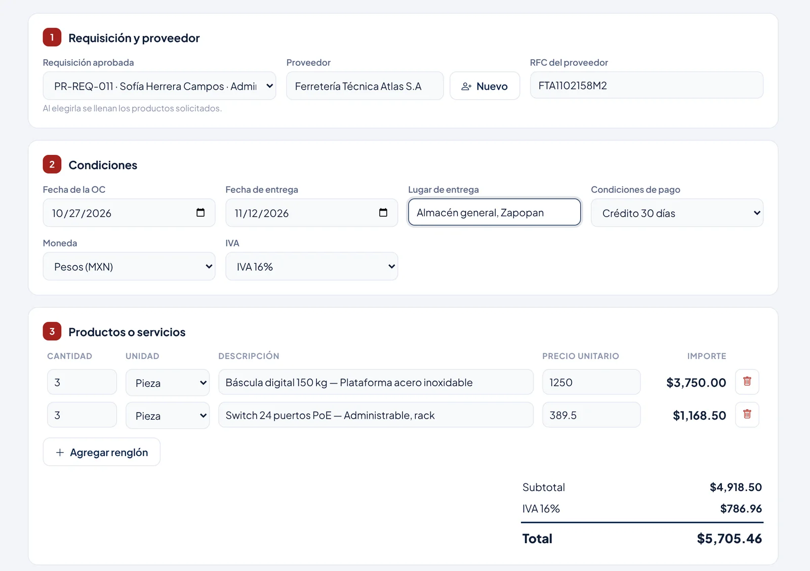 Formulario de nueva orden de compra con requisición, proveedor, condiciones y productos